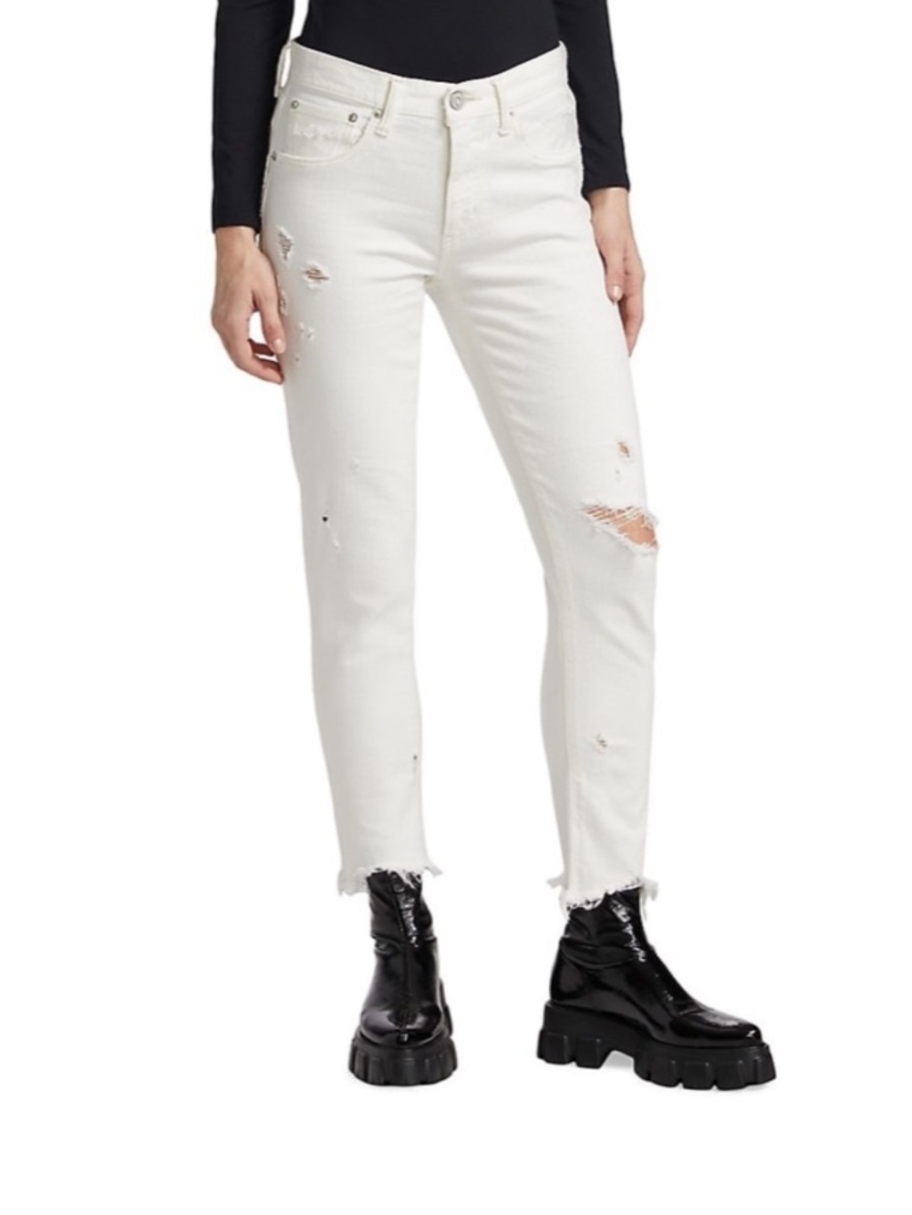 Moussy Vintage Glendele Distressed Skinny Jeans White raw hem Shark bite 24 mid